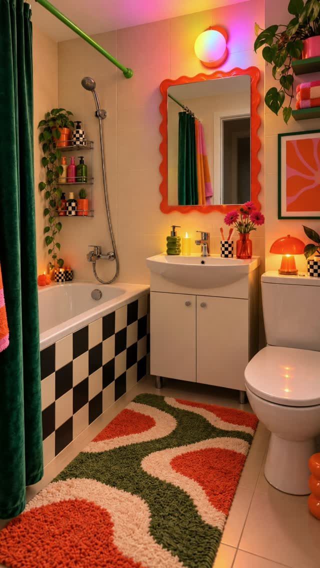 15 Apartment Decor Inspiration Ideas for Small Living Spaces 5 Colorful orange and green patterned bathmat on a white bathroom floor.