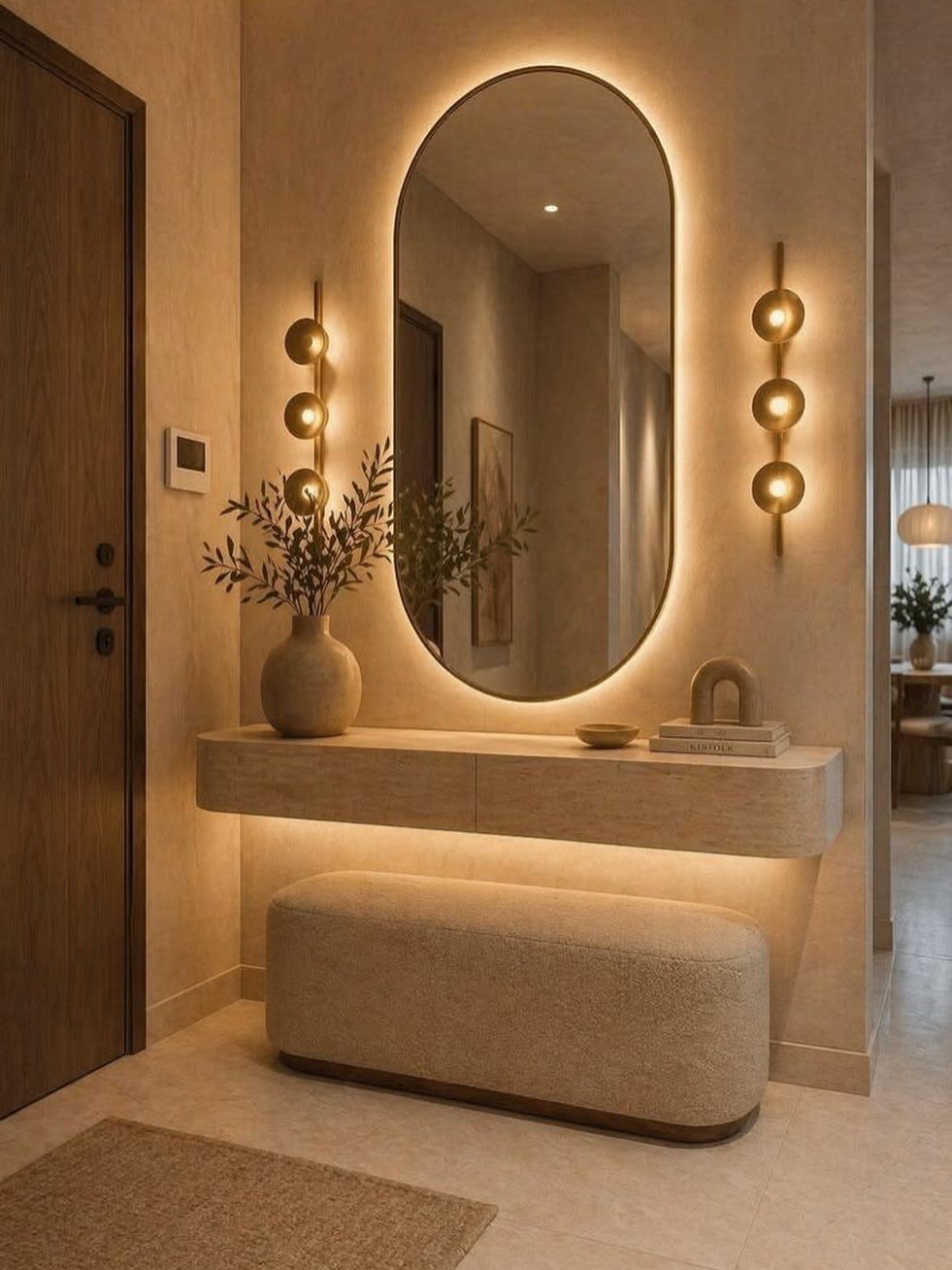 15 Apartment Decor Inspiration Ideas for Small Living Spaces 13 Wall-mounted floating console with under-lighting, oval mirror, and beige bench in a modern entryway.