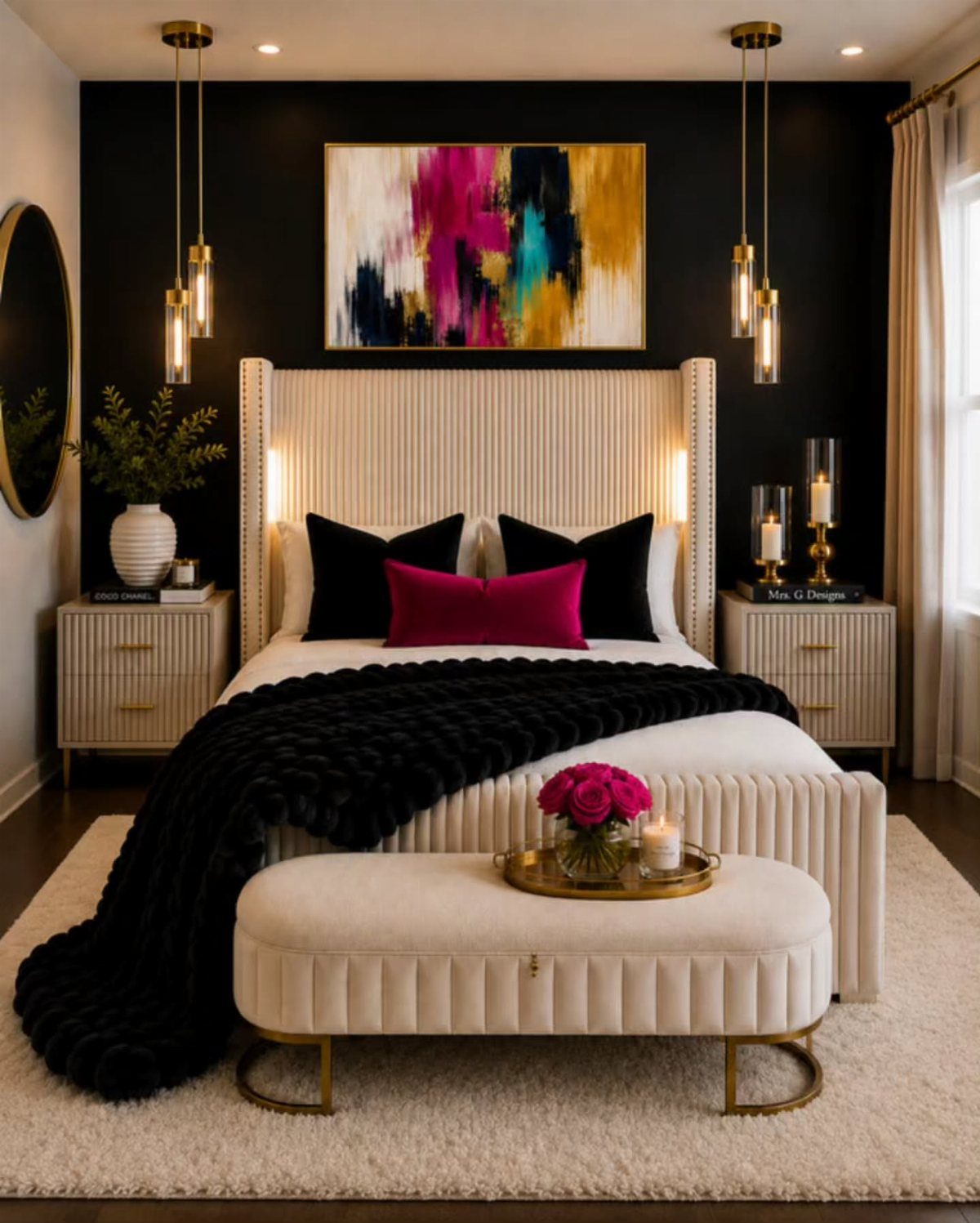 15 Apartment Decor Inspiration Ideas for Small Living Spaces 4 Cream fluted statement headboard in a bedroom with black walls and gold lighting.