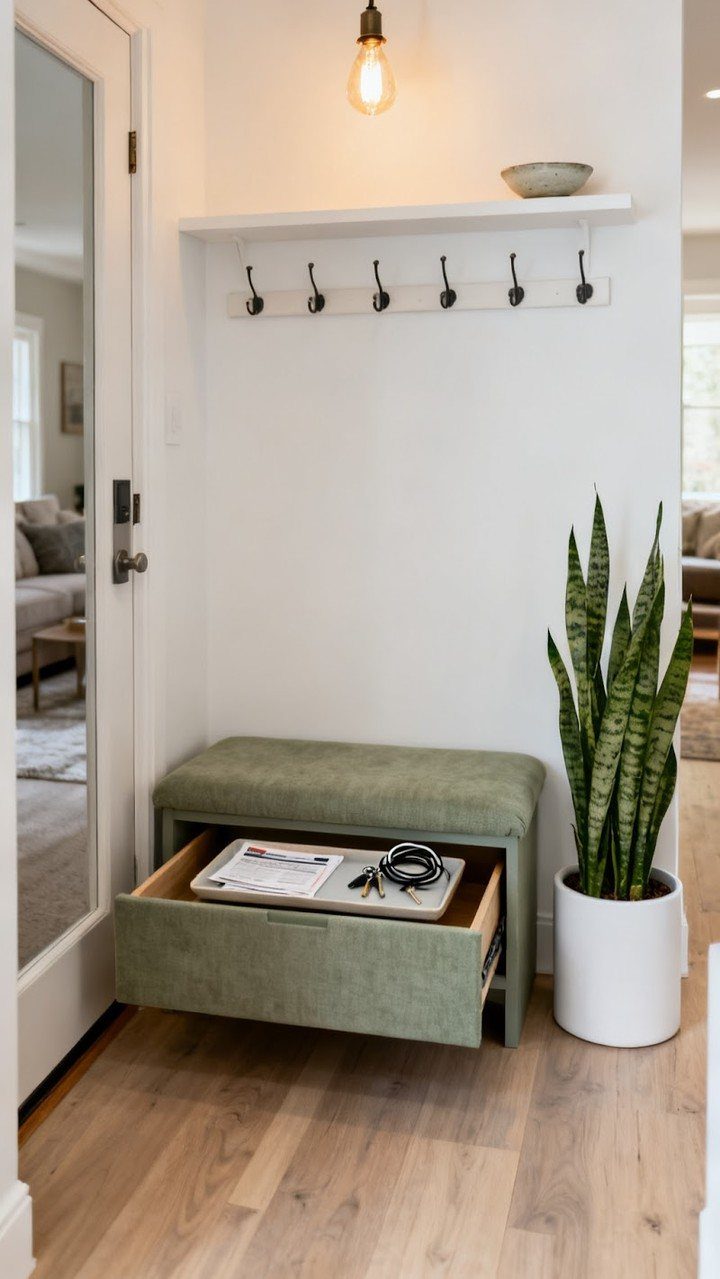 15 Apartment Decor Inspiration Ideas for Small Living Spaces 12 Green upholstered entry bench with an open storage drawer and a snake plant.