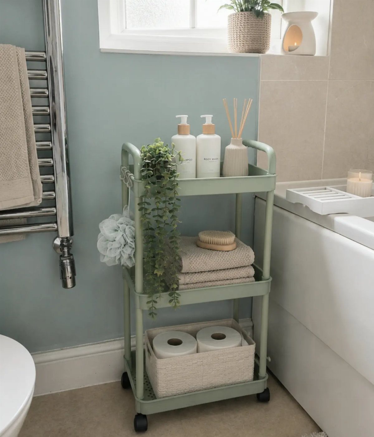 15 Apartment Decor Inspiration Ideas for Small Living Spaces 8 Light green three-tiered storage trolley with bathroom supplies and a hanging plant.