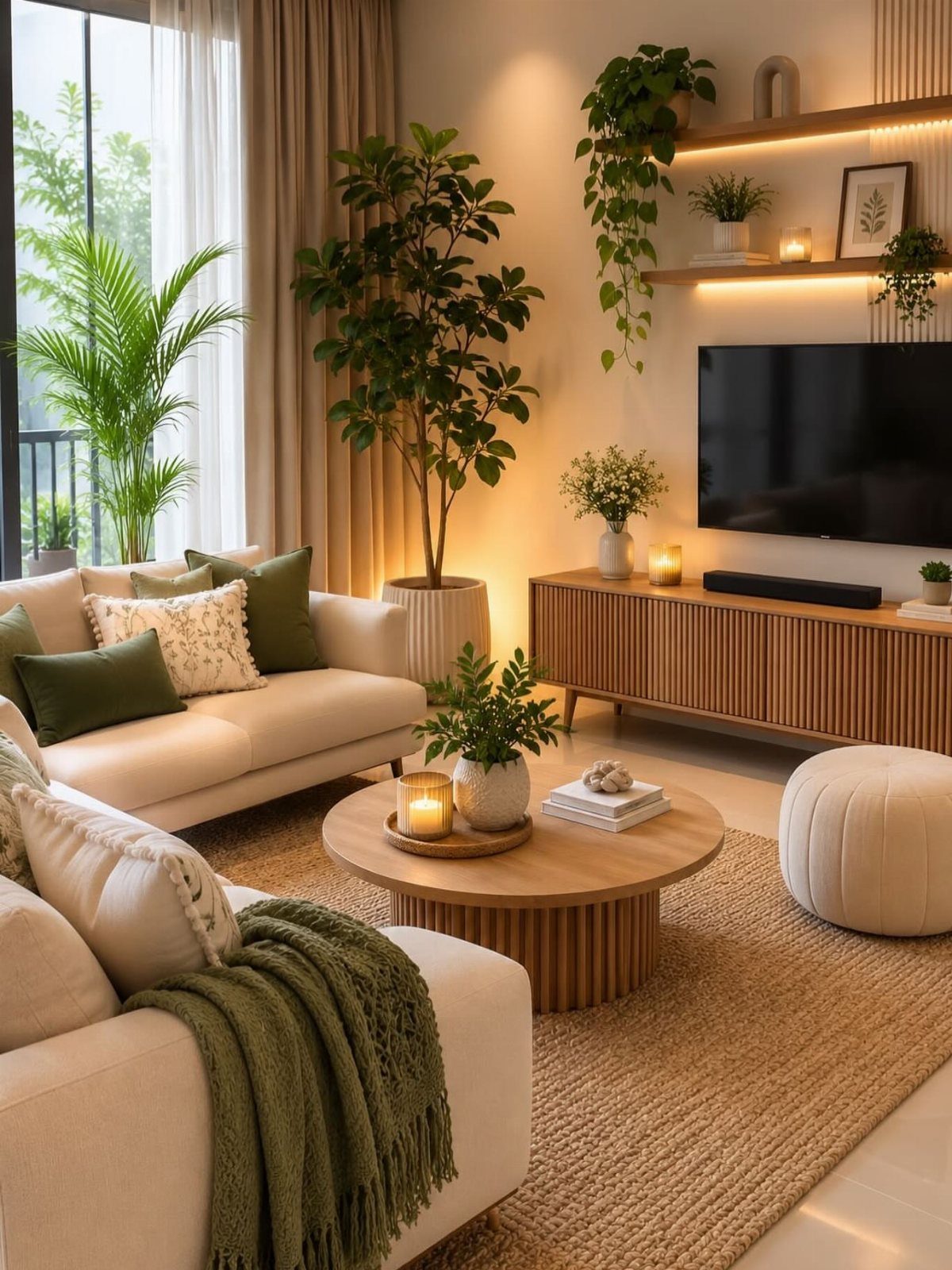 15 Apartment Decor Inspiration Ideas for Small Living Spaces 2 Modern living room featuring green textile accents, a jute rug, and lush indoor plants.