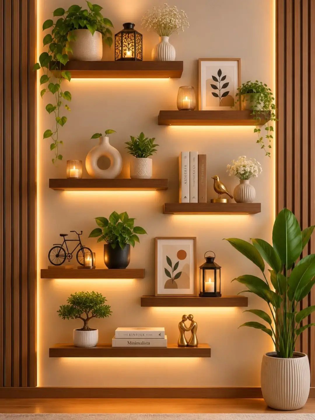15 Apartment Decor Inspiration Ideas for Small Living Spaces 1 Wooden floating shelves with warm lighting holding plants and decor on a beige wall