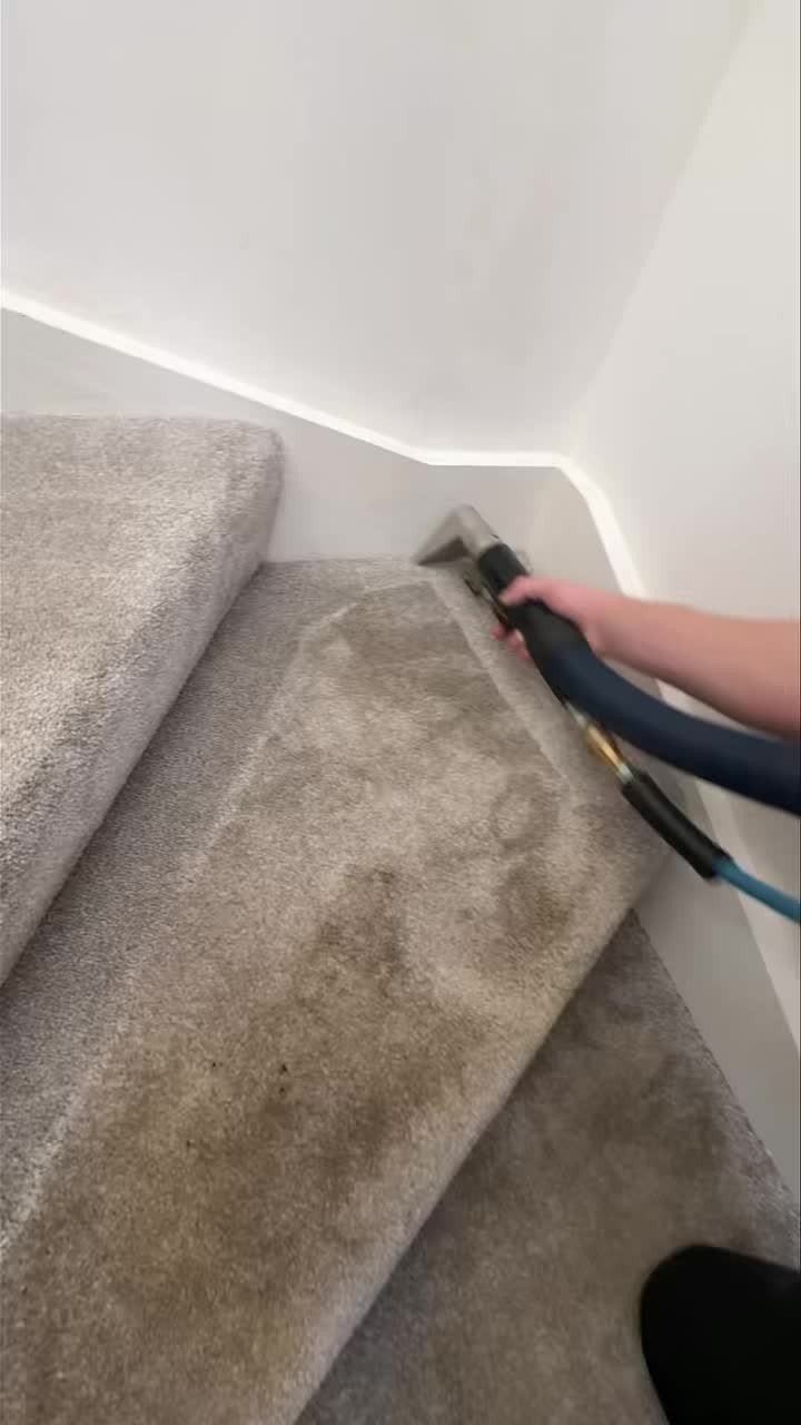 Apartment Deep Clean: 14 Areas to Scrub, Dust, and Vacuum 13 Carpet cleaning machine removing stains from grey carpeted stairs in a home.