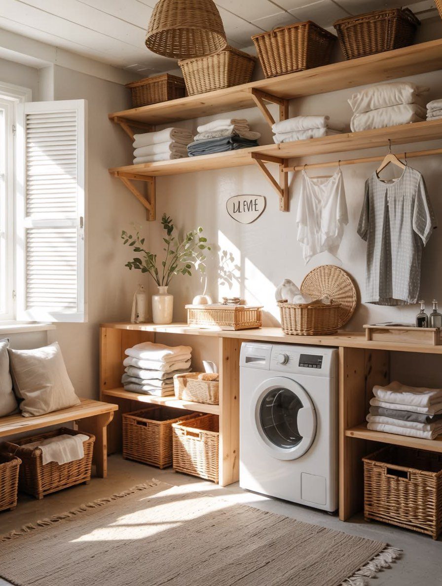 Apartment Deep Clean: 14 Areas to Scrub, Dust, and Vacuum 7 Wooden laundry room shelving with folded towels and woven wicker storage baskets.