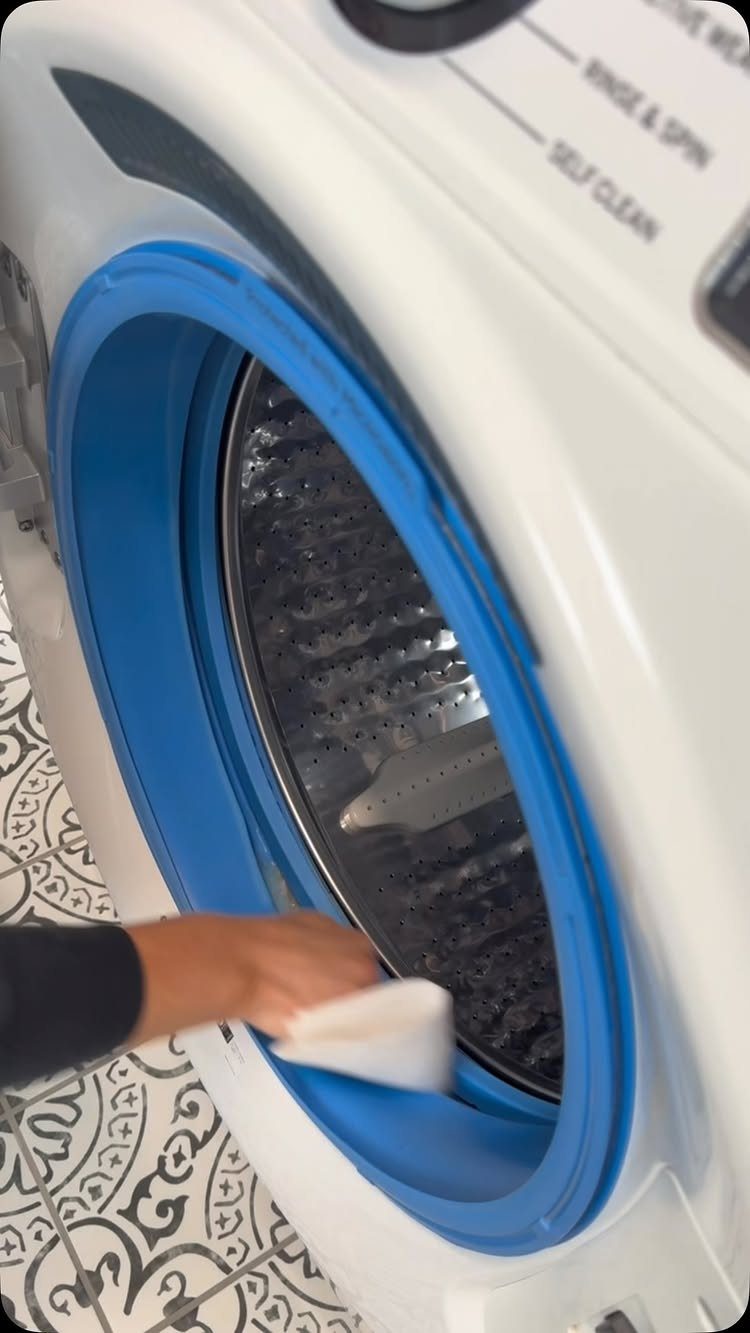 Apartment Deep Clean: 14 Areas to Scrub, Dust, and Vacuum 9 Hand wiping the blue rubber seal of a white front-loading washing machine.