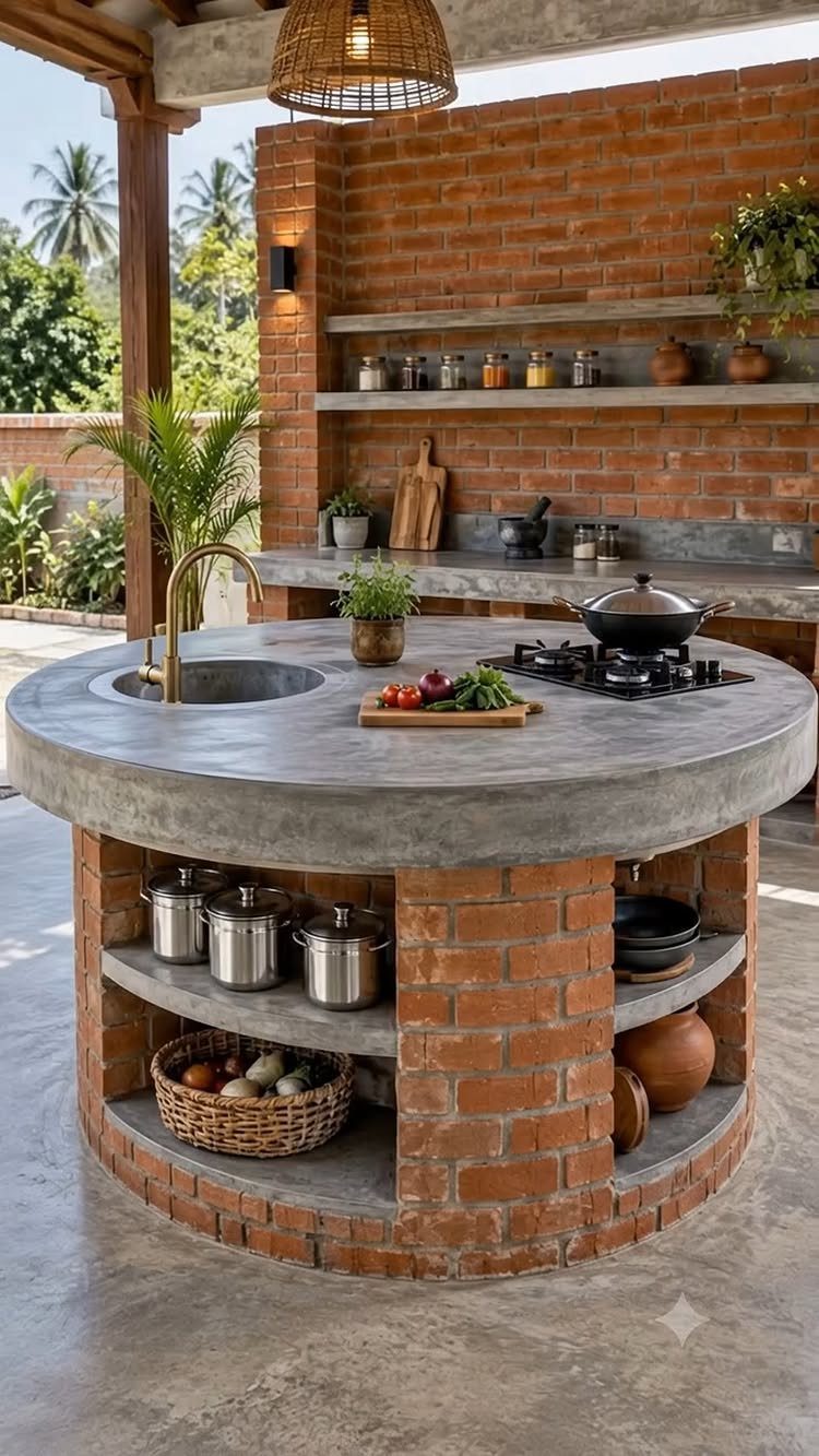 Circular outdoor kitchen island with concrete countertop, brick base, sink, and gas stovetop.