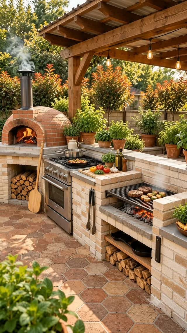 Outdoor kitchen with brick pizza oven and grill under a wooden pergola.
