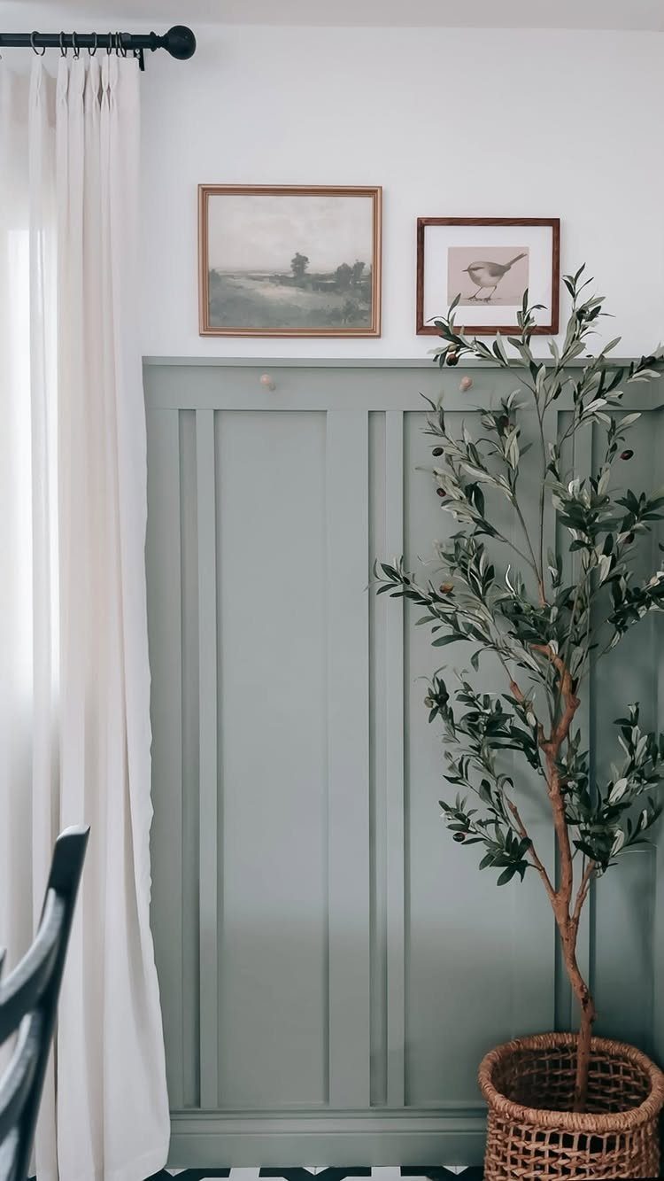 Board and Batten: 8 Styles That Update the Classic Wall Treatment 8 Sage green board and batten wall paneling decorated with framed art and a potted olive tree.