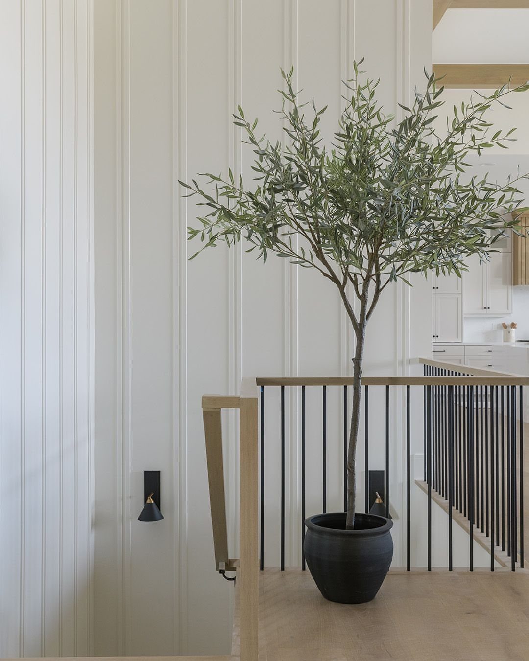 Board and Batten: 8 Styles That Update the Classic Wall Treatment 1 White vertical board and batten wall paneling behind a potted olive tree and wooden railing.