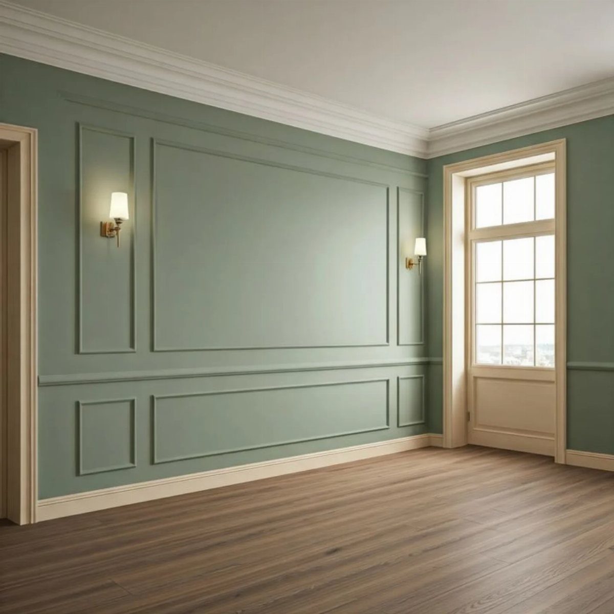 Sage green walls decorated with elegant rectangular box moulding and white crown moulding in an empty room.