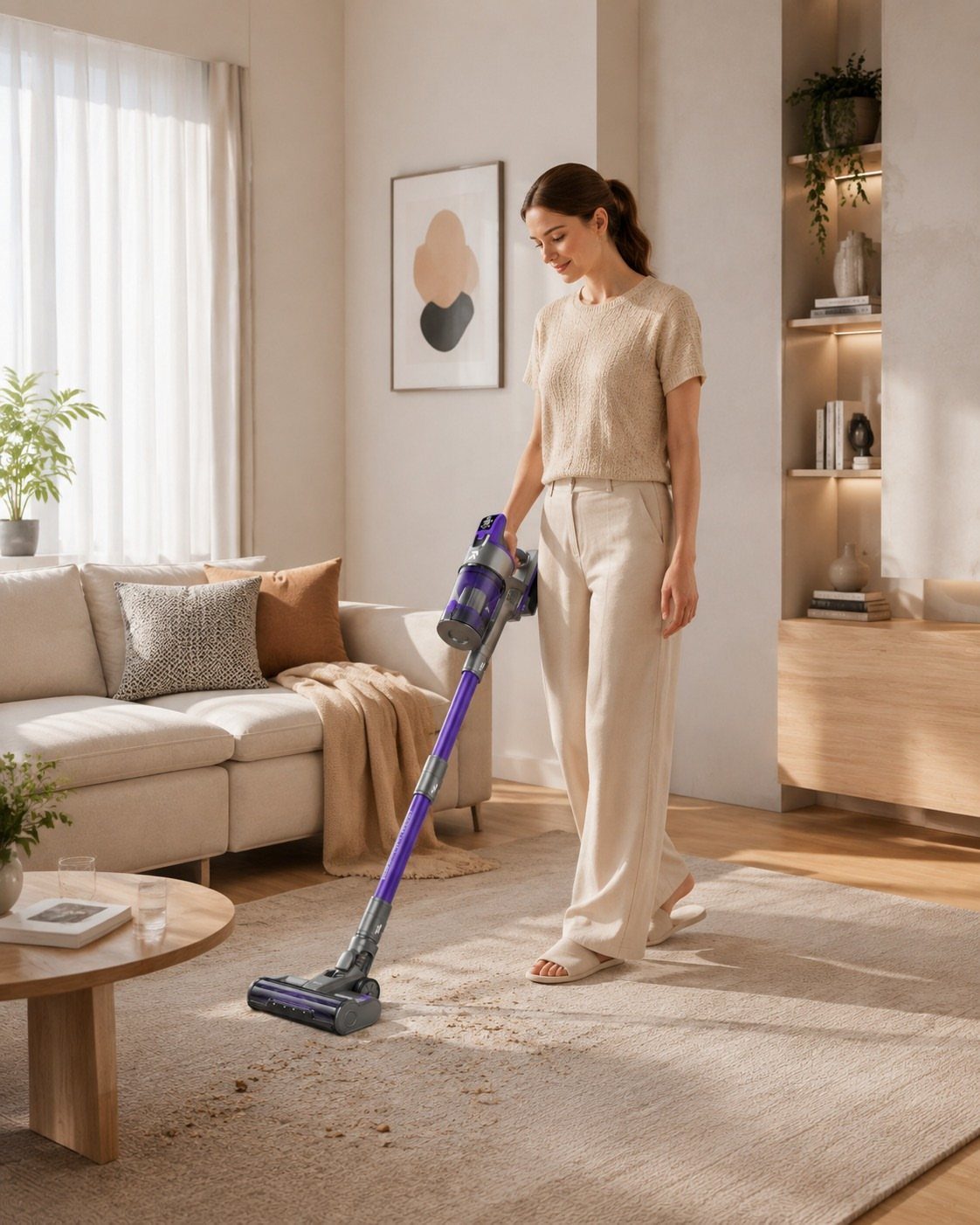 Chore List Ideas for the Family: 5 Charts and Lists to Use 1 Woman vacuuming a light-colored rug in a bright, modern living room.