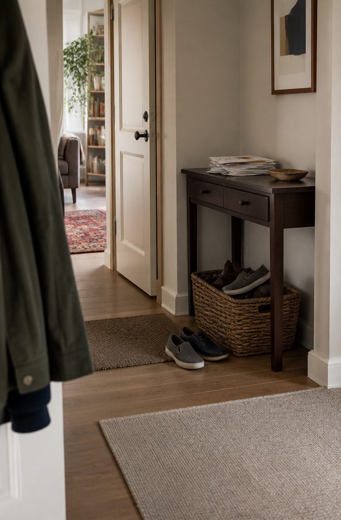 Entryway with a mail pile and shoes beside a shoe rack