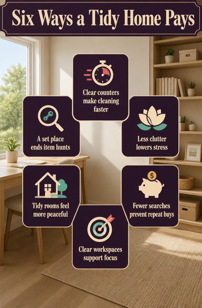 Six Ways a Tidy Home Pays graphic with a list of household benefits
