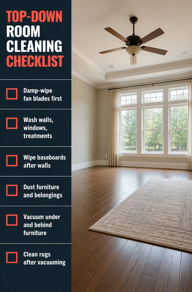 Top-Down Room Cleaning Checklist with a step-by-step cleaning sequence