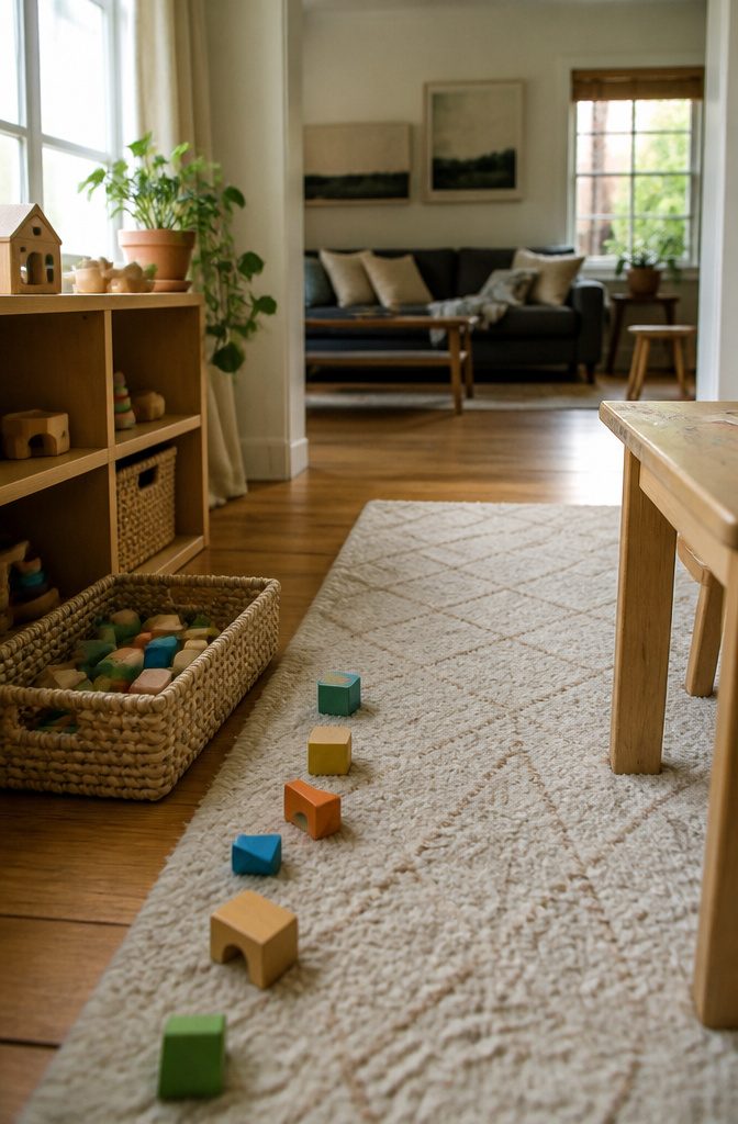 Low toy bin beside a reachable shelf with blocks scattered across a rug