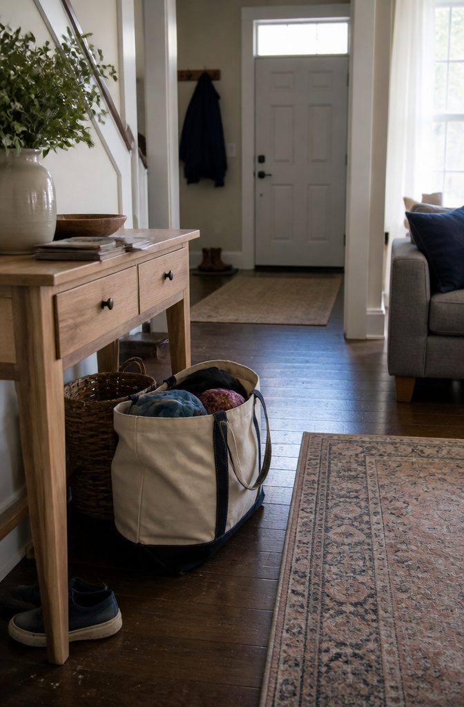 Open bag of clothes and party favors beside an entry console and school papers