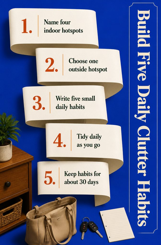 Build Five Daily Clutter Habits graphic with a simple household routine