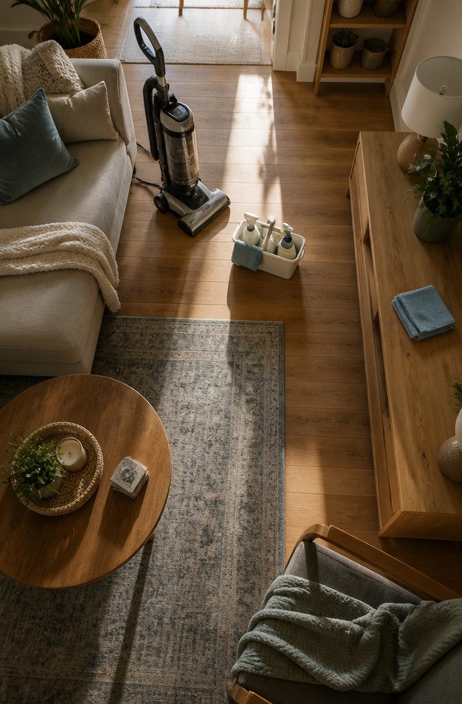 Clean home interior with neatly arranged furniture and clear surfaces