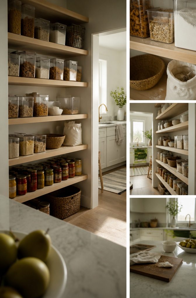 Organized home interior with storage baskets and neatly arranged belongings