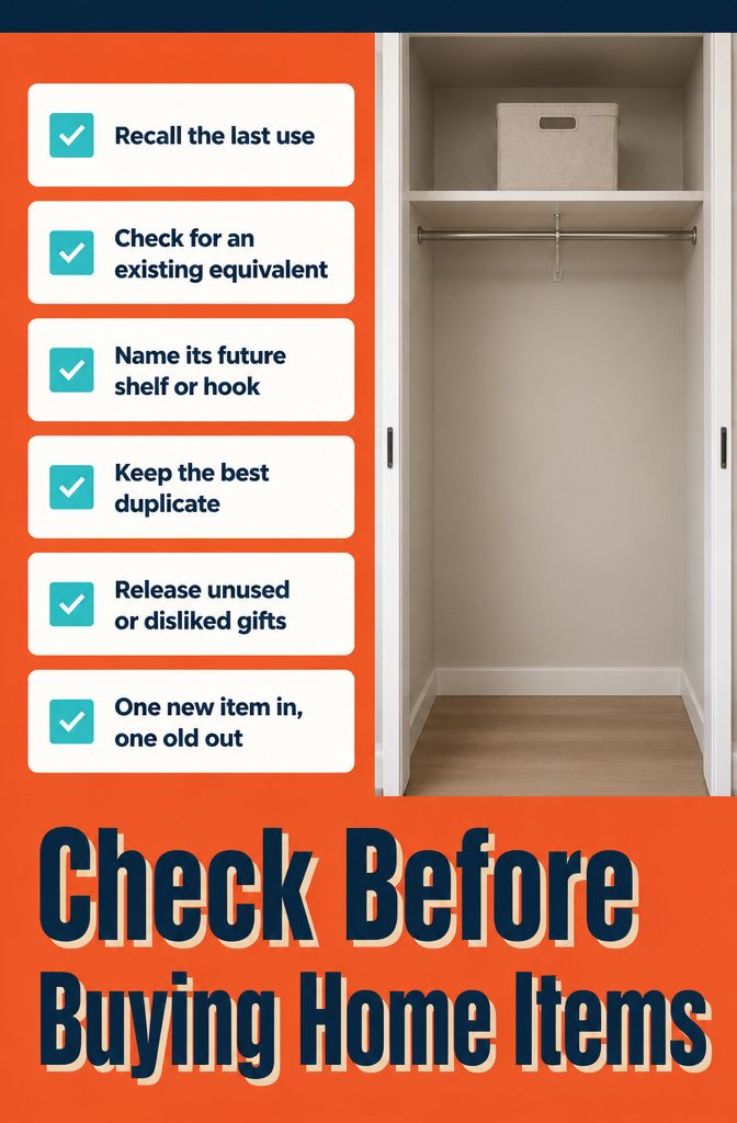 Check Before Buying Home Items graphic with questions about household purchases