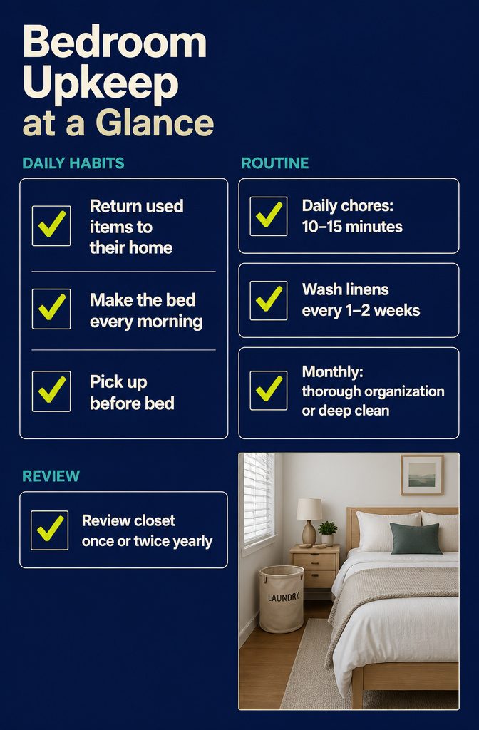 Bedroom upkeep infographic with daily habits and cleaning intervals