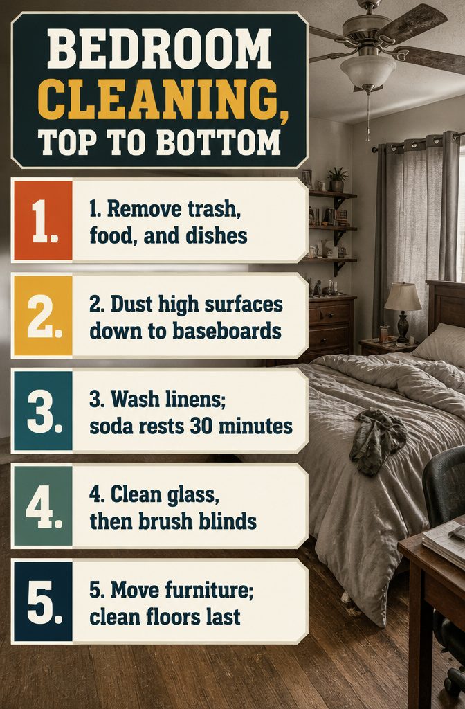 Bedroom cleaning infographic listing steps from dusting to floor care