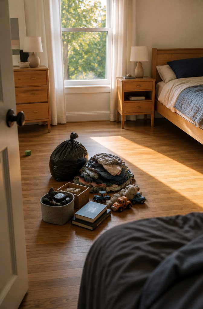 Bedroom floor with grouped clothes and toys beside a tied trash bag