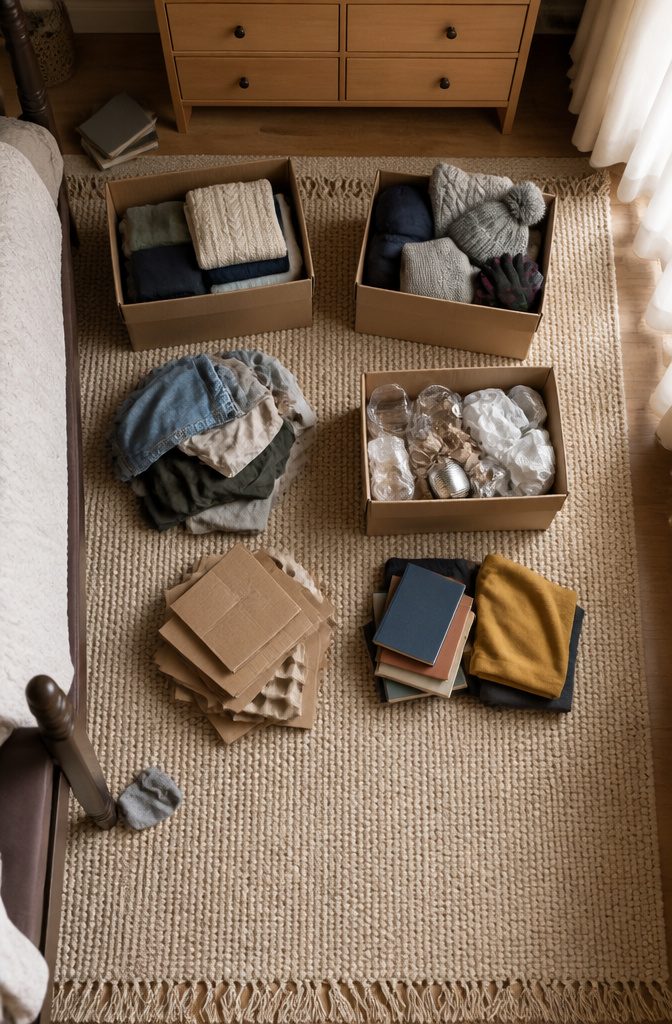 Five labeled boxes arranged for sorting bedroom belongings