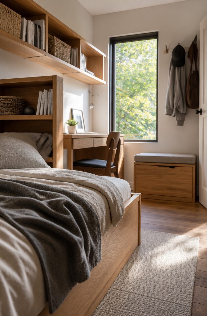 Bedroom with floating shelves and wall hooks holding everyday items