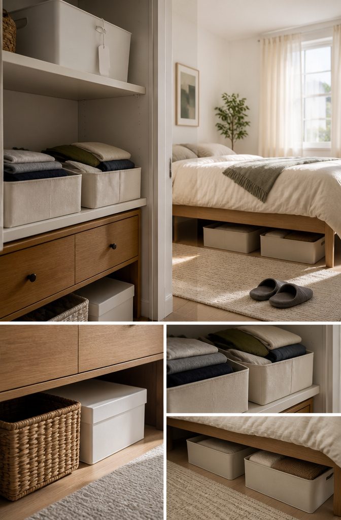 Bedroom storage bins and baskets holding grouped belongings