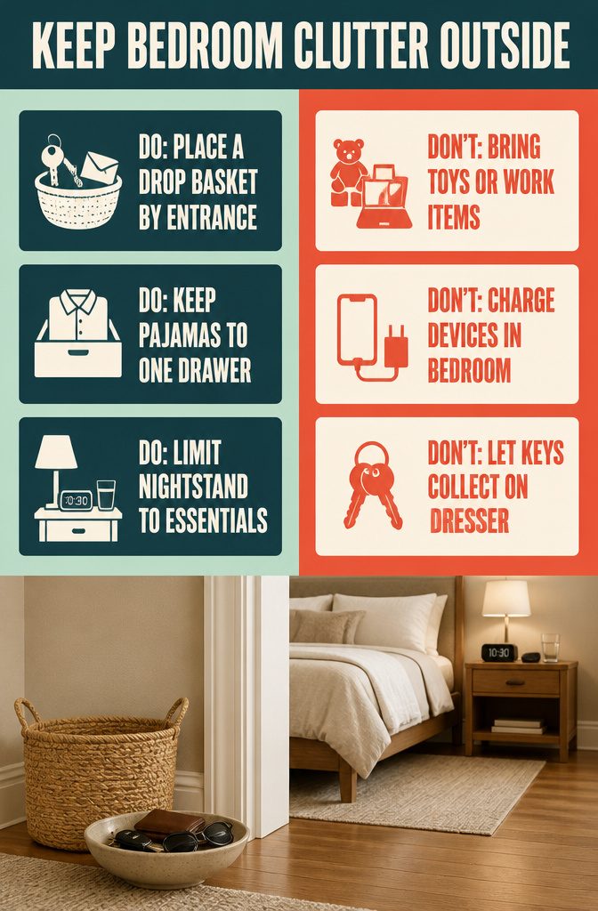 Bedroom clutter infographic with a basket for keys and mail by the entrance