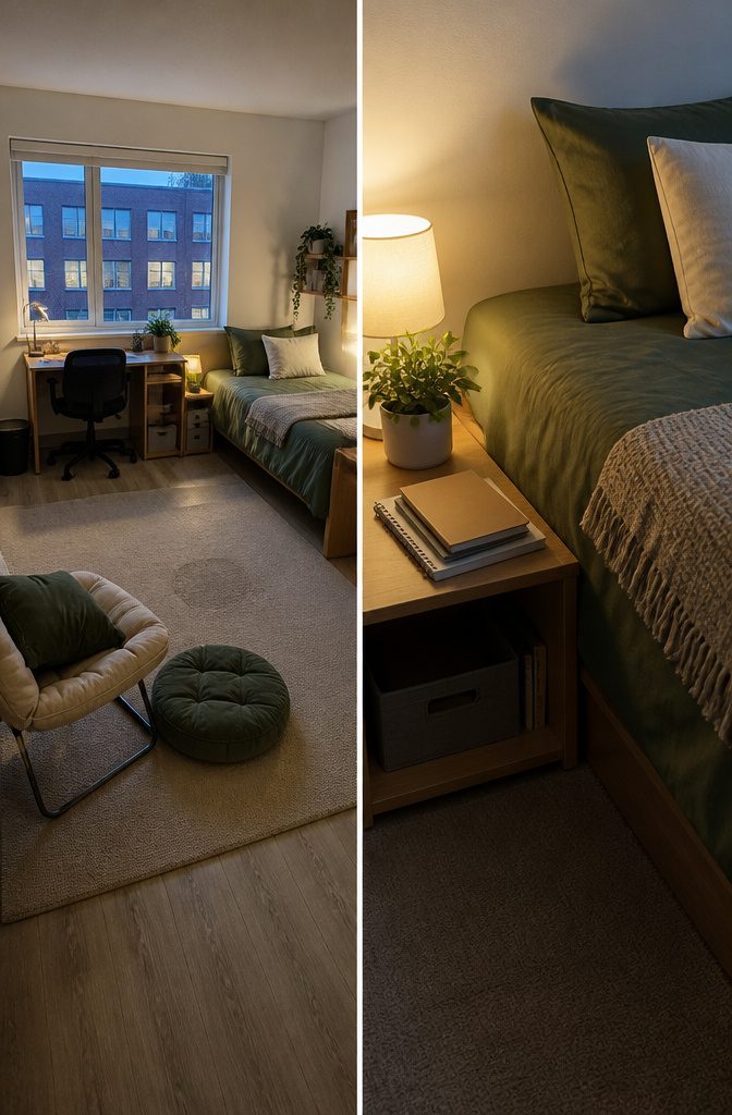 Shared college bedroom with desk, bed and relaxation area