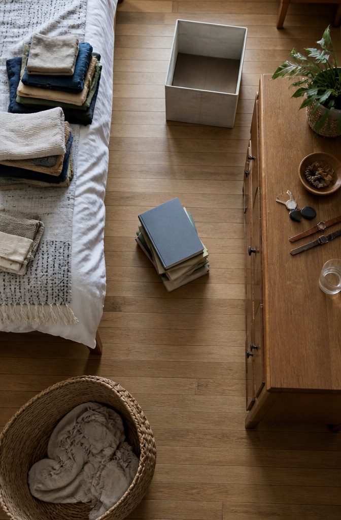 Bedroom items grouped into categories on the floor