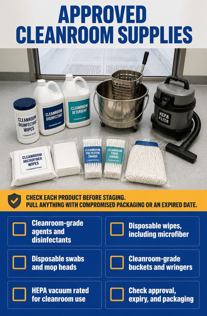 7 Clean Room Steps in Order, From Gowning Up to Restocking 8 Cleanroom wipes swabs disinfectants mop heads and vacuum arranged for use