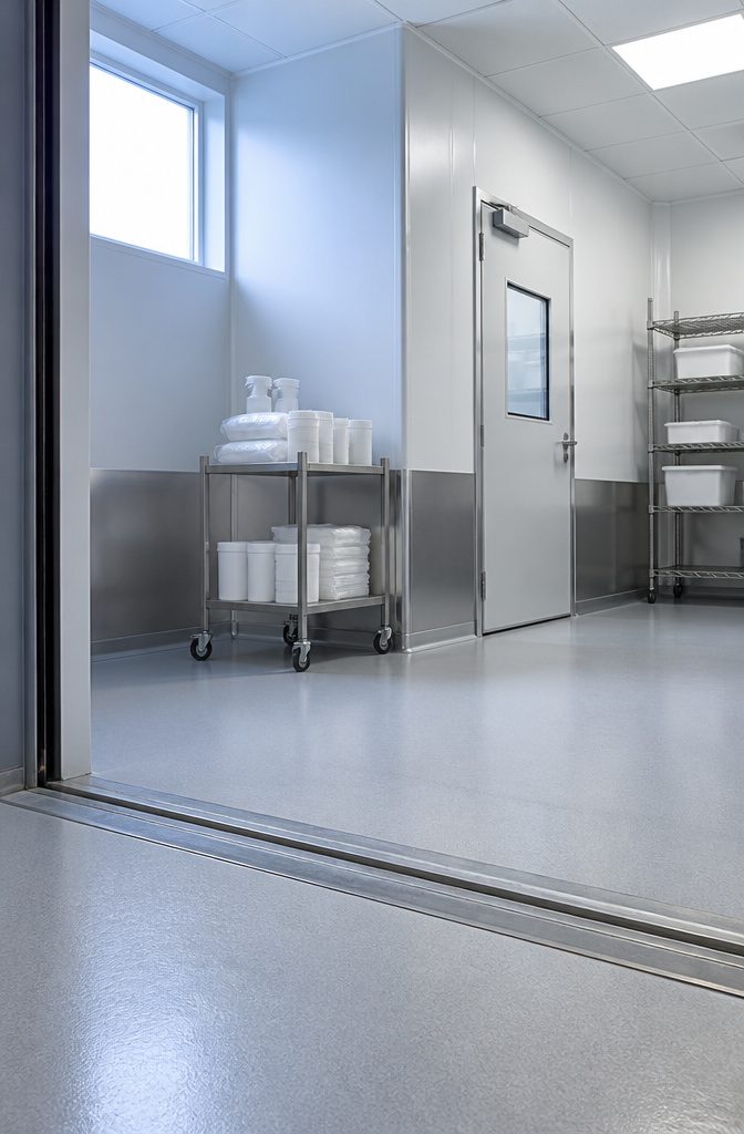 7 Clean Room Steps in Order, From Gowning Up to Restocking 1 Cleanroom interior with smooth wall panels stainless equipment and orderly counters
