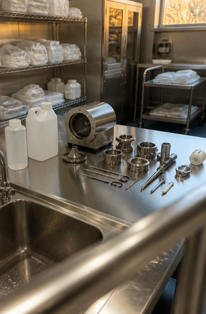 7 Clean Room Steps in Order, From Gowning Up to Restocking 4 Disassembled cleanroom equipment components and hand tools on a stainless-steel work surface