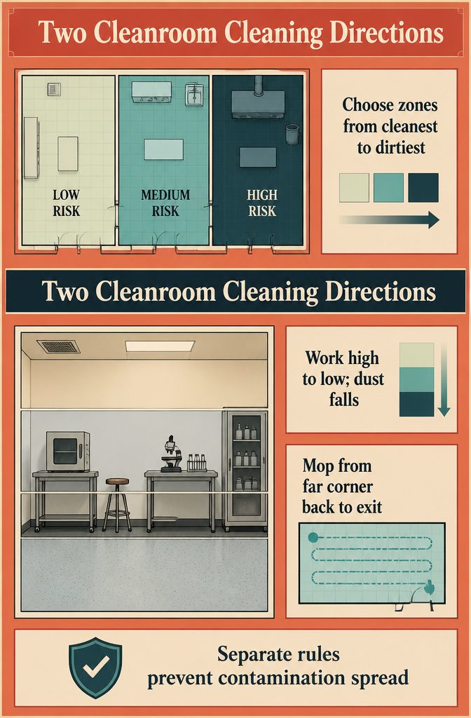 7 Clean Room Steps in Order, From Gowning Up to Restocking 9 Two cleaning direction diagrams showing cleanest-to-dirtiest and high-to-low routes