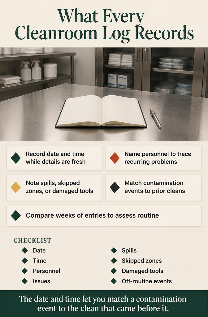 7 Clean Room Steps in Order, From Gowning Up to Restocking 10 Cleanroom cleaning log with fields for date time personnel and issues