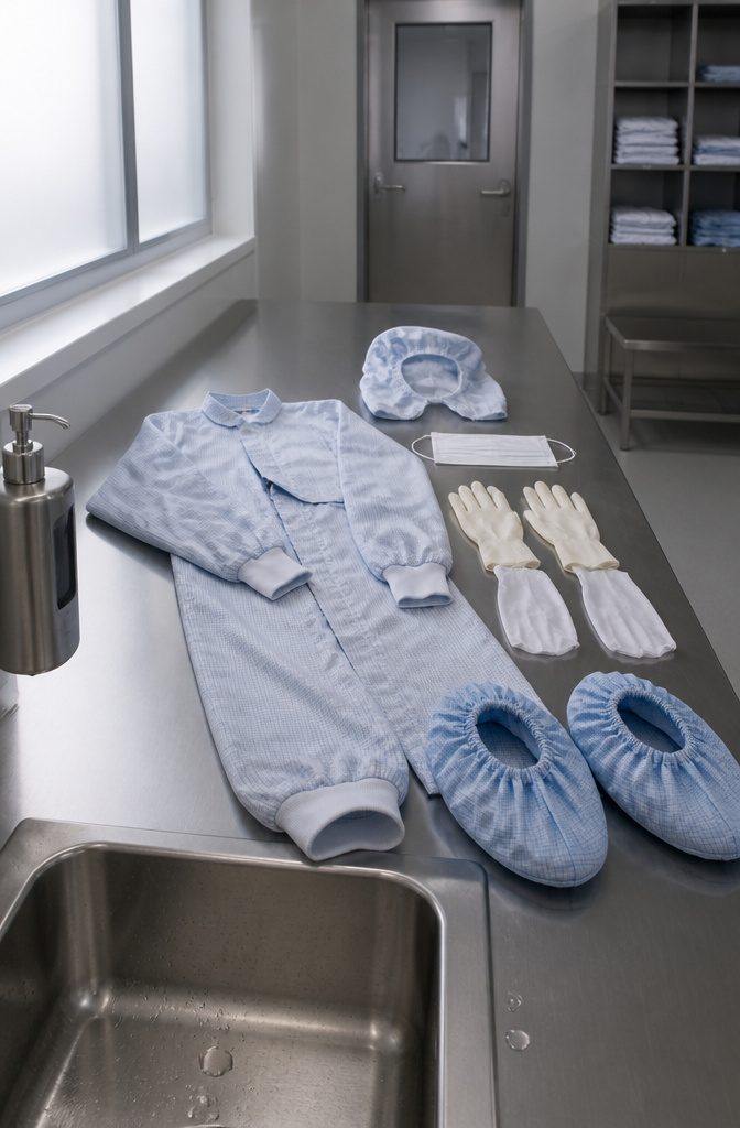 7 Clean Room Steps in Order, From Gowning Up to Restocking 2 Cleanroom protective gown mask gloves hood and shoe covers arranged for use