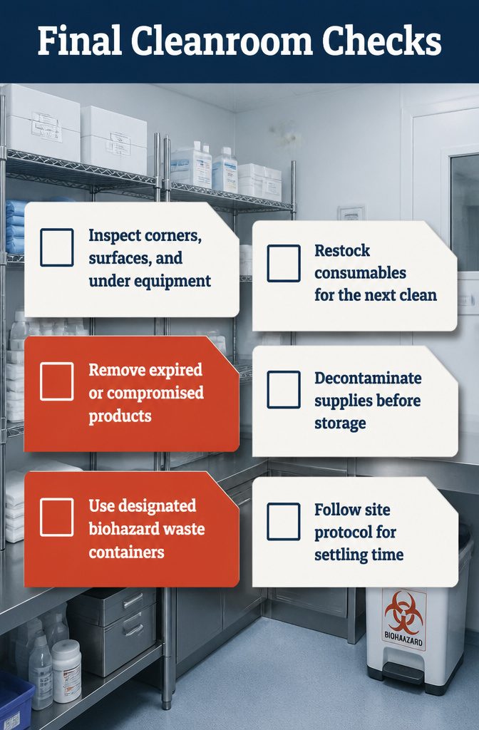 7 Clean Room Steps in Order, From Gowning Up to Restocking 6 Cleanroom checklist beside restocking supplies and cleaning products