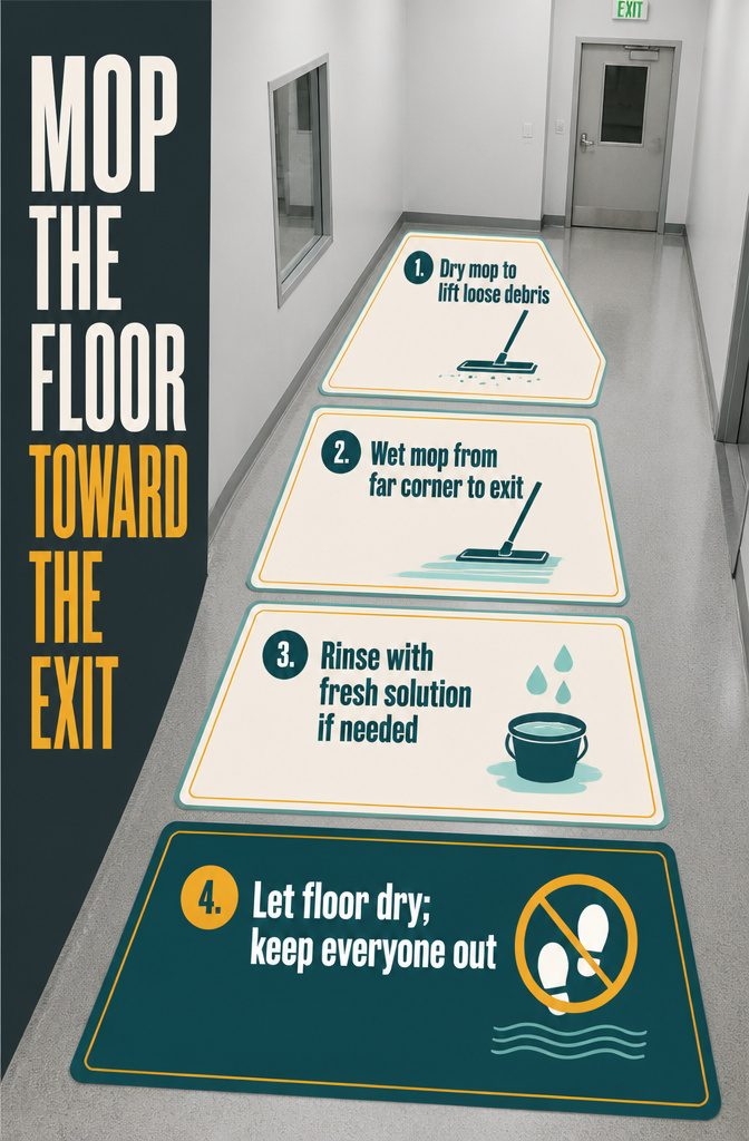 7 Clean Room Steps in Order, From Gowning Up to Restocking 5 Mop and bucket on an interior floor near an exit