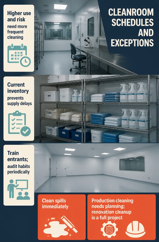 7 Clean Room Steps in Order, From Gowning Up to Restocking 7 Cleanroom schedule with routine tasks and notes for spills and renovation cleanup