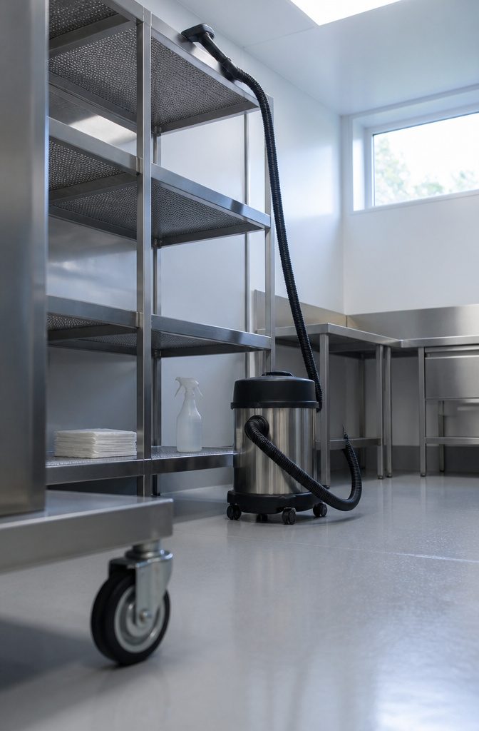7 Clean Room Steps in Order, From Gowning Up to Restocking 3 HEPA-filtered vacuum hose and nozzle positioned at the upper edge of shelving