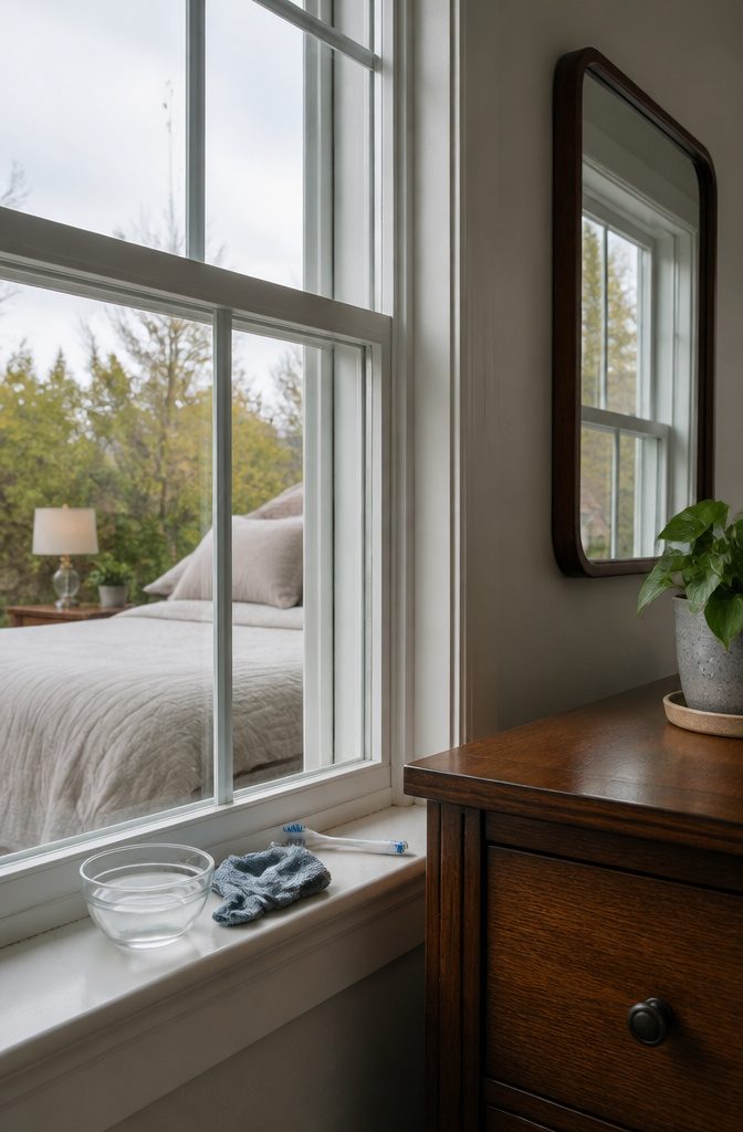 Window and mirror with cleaning cloth bowl of water and vinegar and toothbrush