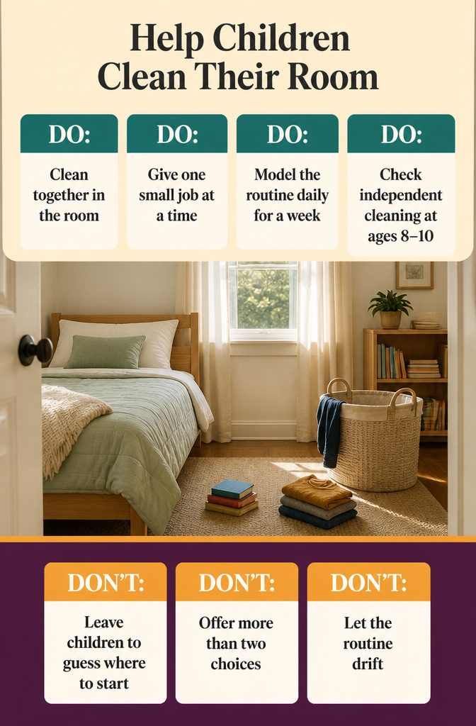 Children's room-cleaning chart with illustrated steps