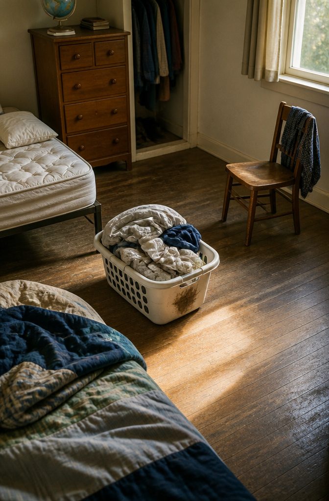 Laundry basket beside dirty clothes and stripped bedding in a bedroom