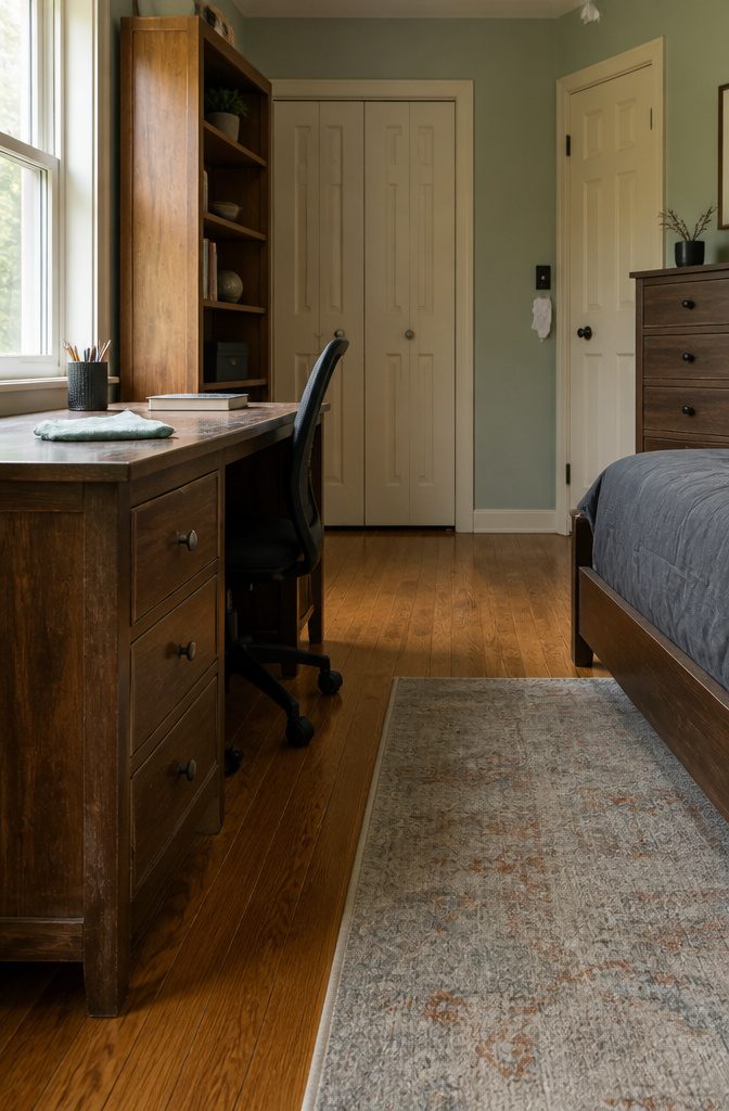 Damp microfiber cloth on desk beside dusty dresser and shelf edges