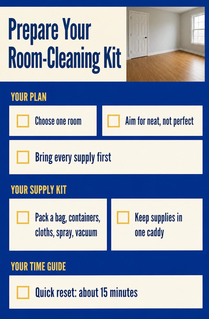 Room-cleaning kit with a trash bag, sorting containers, microfiber cloths, spray and vacuum