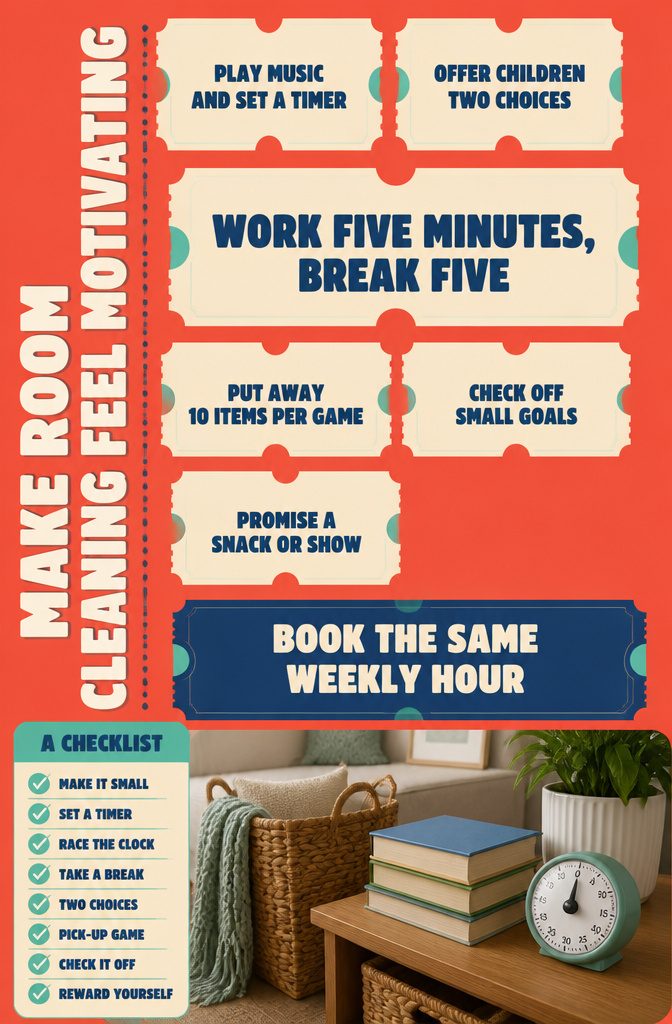 Room-cleaning motivation chart with timer task list and reward ideas